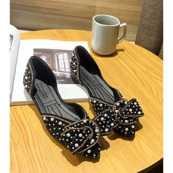 Black Sequined Pointed Toe Ballet Shoes - Picture 3 of 8